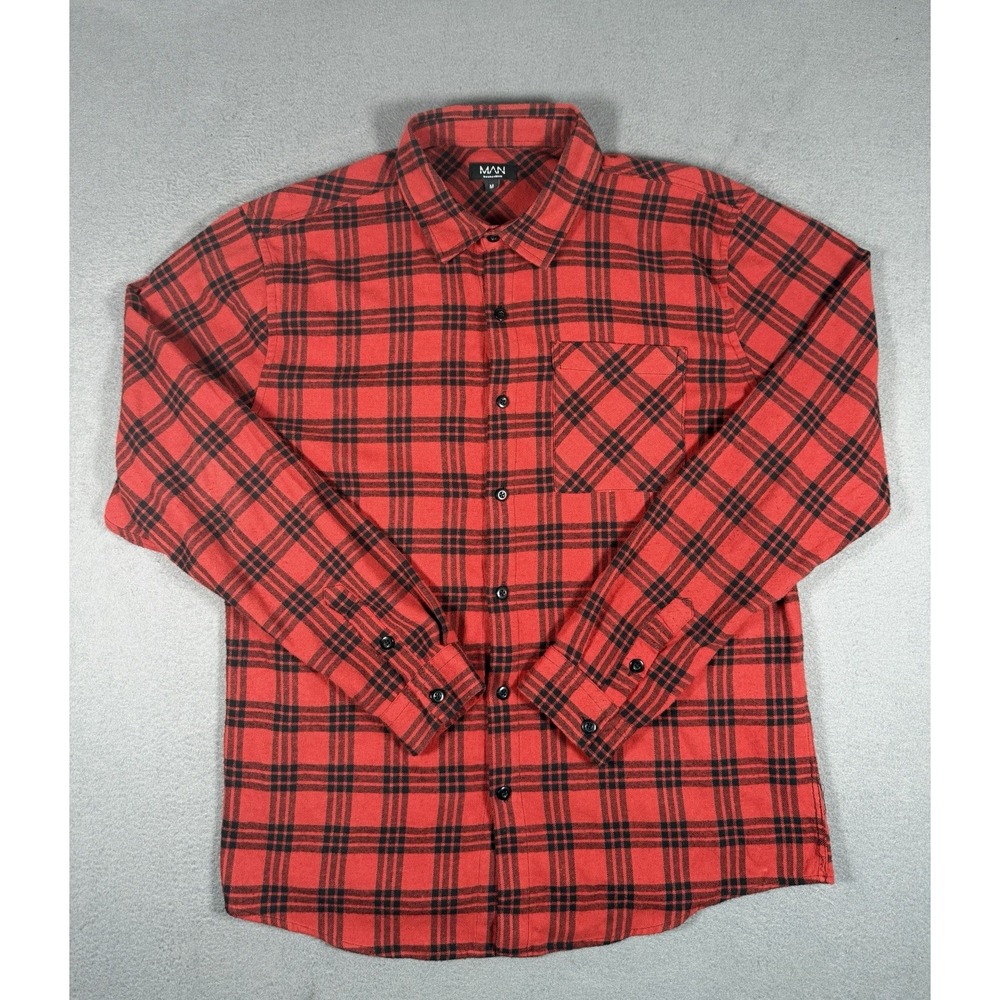 BoohooMAN Flannel Shirt Long Sleeve Plaid Red Black Mens Size M Button Up